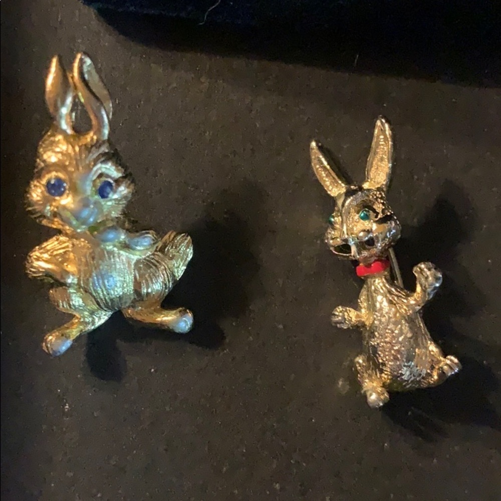 Two Gold Tone Bunny Pins One w/green eyes/blue eye